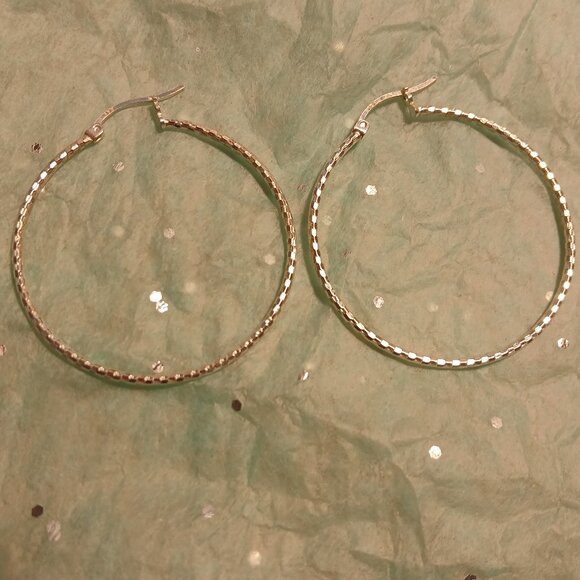 Sterling Silver Sparkle Hoop Earrings 1.5 in Large Lightweight - Picture 6 of 7